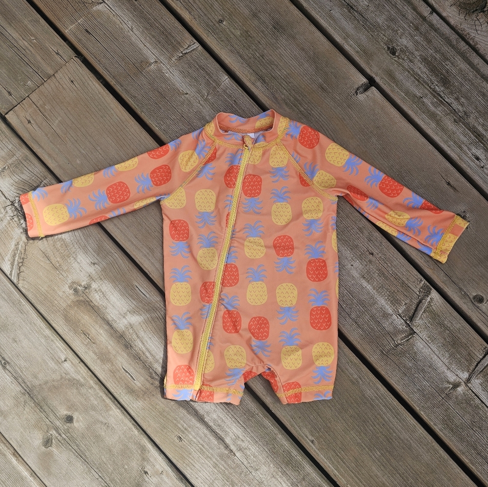 Joe Fresh Baby Swimsuit 6-12M Pineapple Print Orange Rash Guard Zipper Swimwear